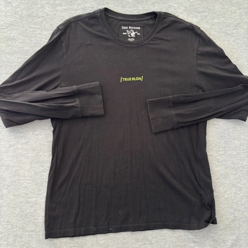 True Religion Mens XL Long Sleeve T-Shirt Black Lime Green Logo Cotton Tee